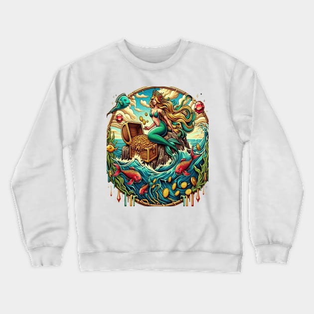 Mermaid sitting on a rock with a open treasured Crewneck Sweatshirt by coollooks